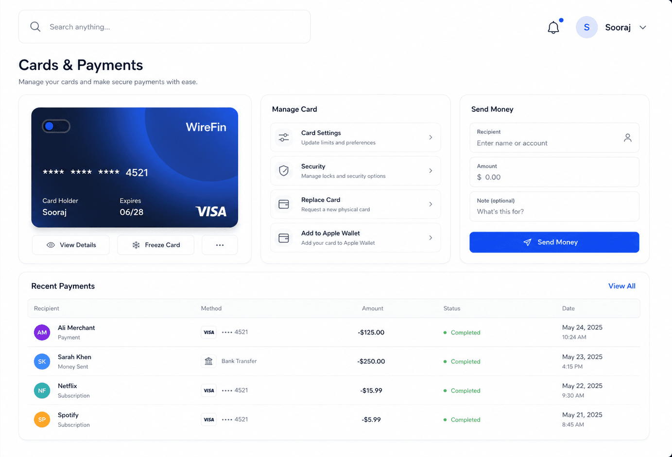 WireFin cards and payments screen with a virtual Visa card, card management controls, a send-money form, and a recent payments table