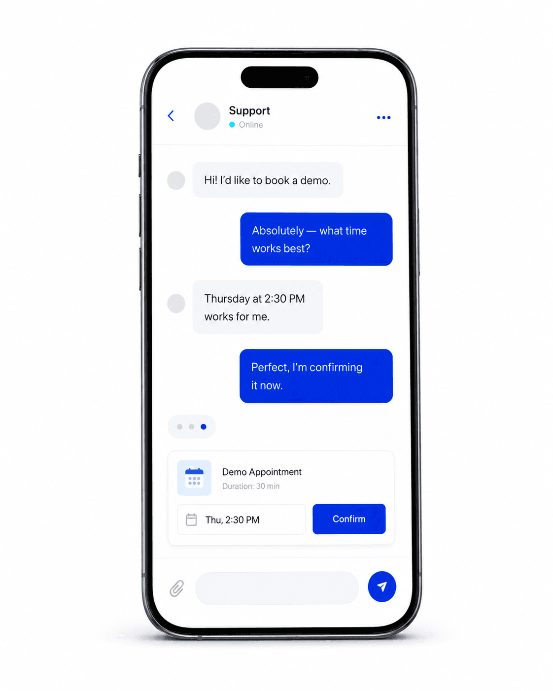 Website chat thread on a phone where the agent confirms a demo appointment