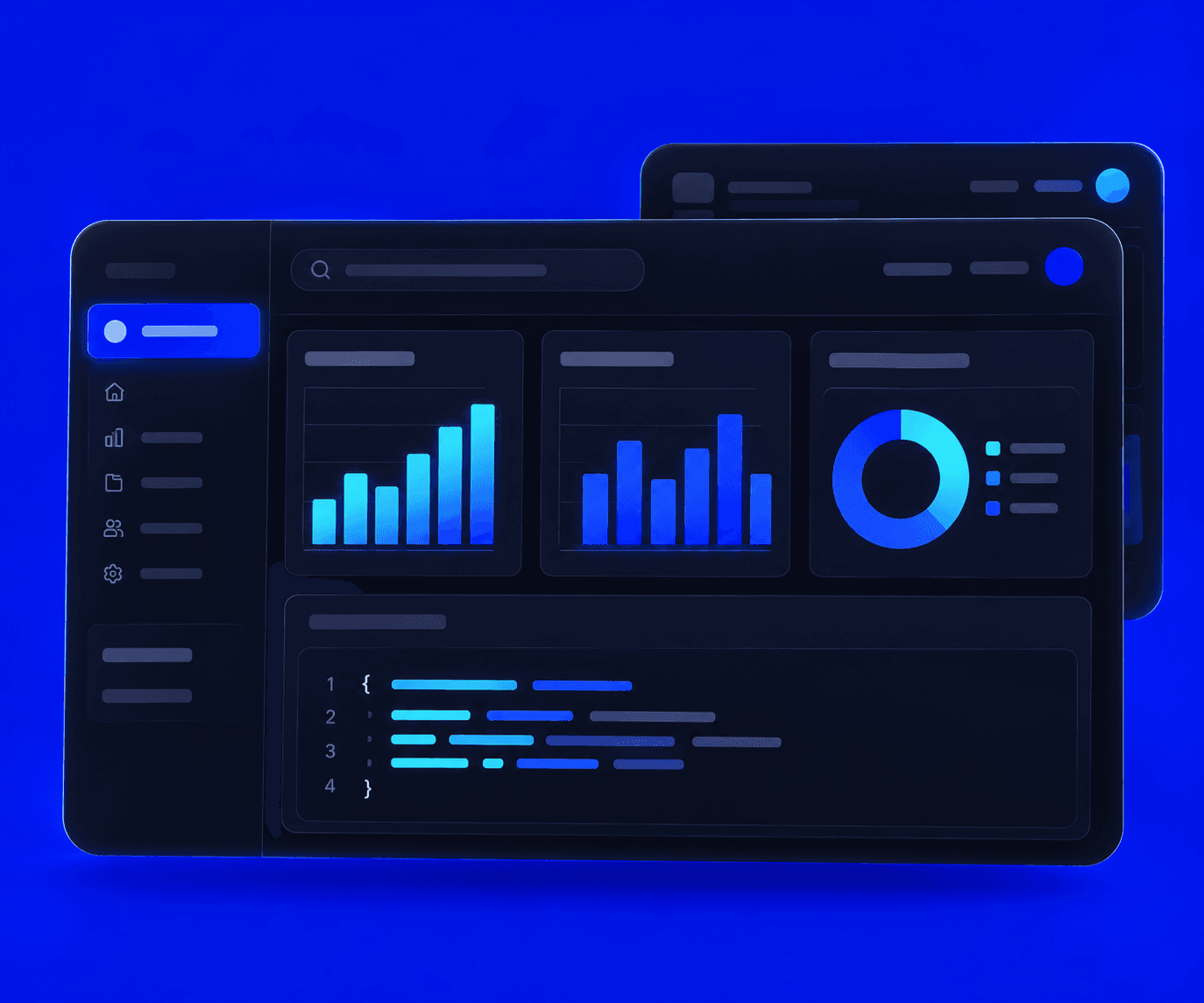 Internal dashboard with analytics charts and a code panel layered over a second window