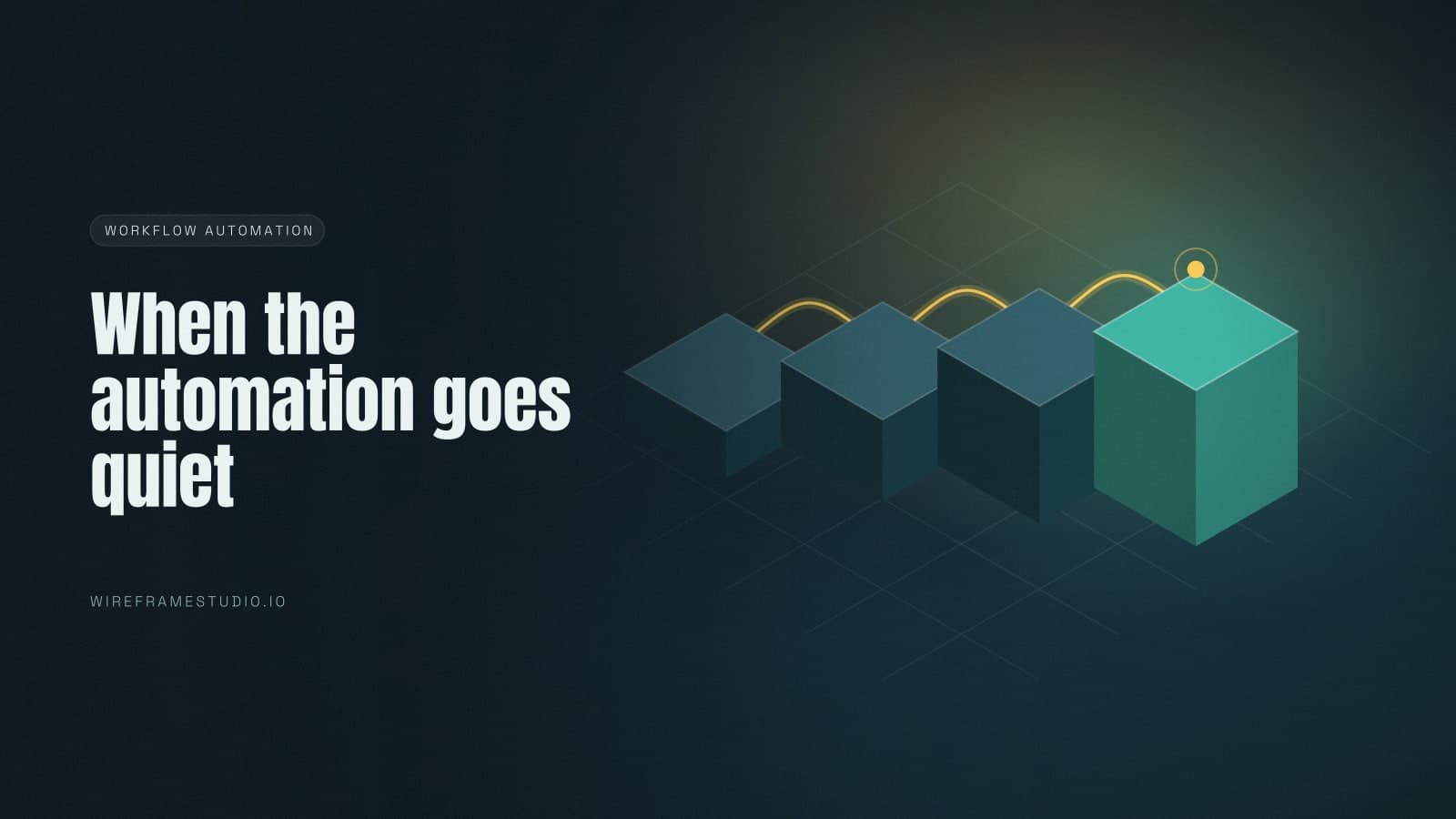 An isometric row of automation stages with only the last one lit and the earlier stages dark