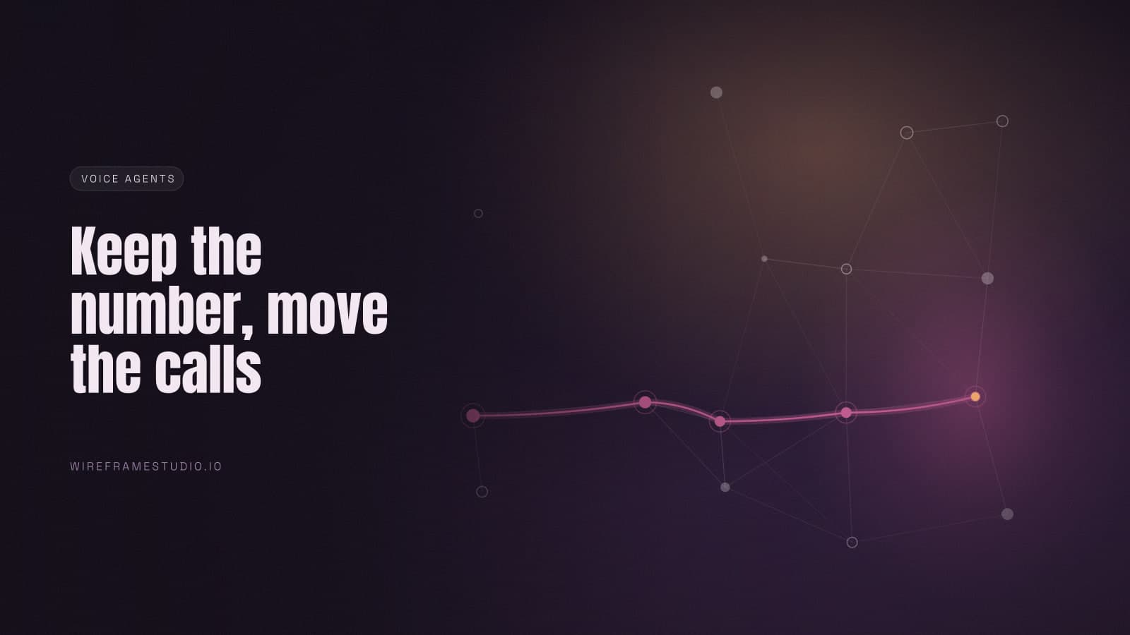 A faint network of nodes with one call route lit across it in magenta.