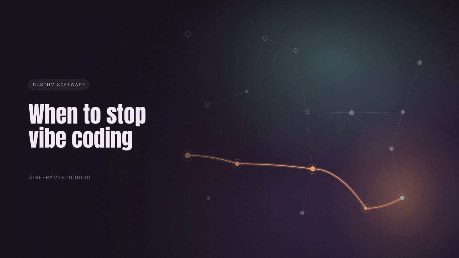 A node graph with one route bypassing a permissions checkpoint, under the words when to stop vibe coding.
