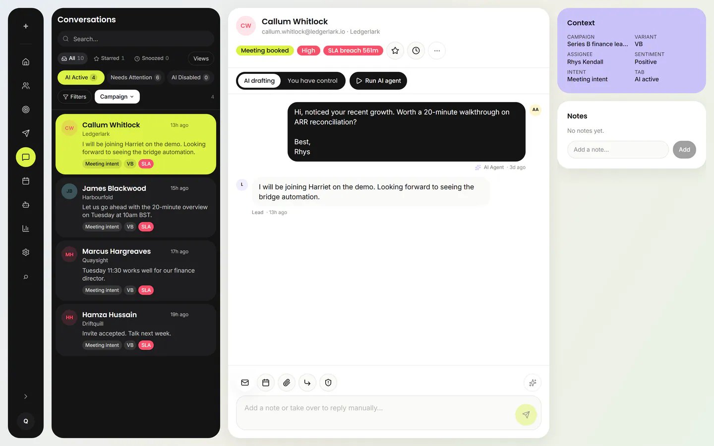 Sales conversation thread showing inbound prospect reply and AI-drafted response proposing three meeting slots