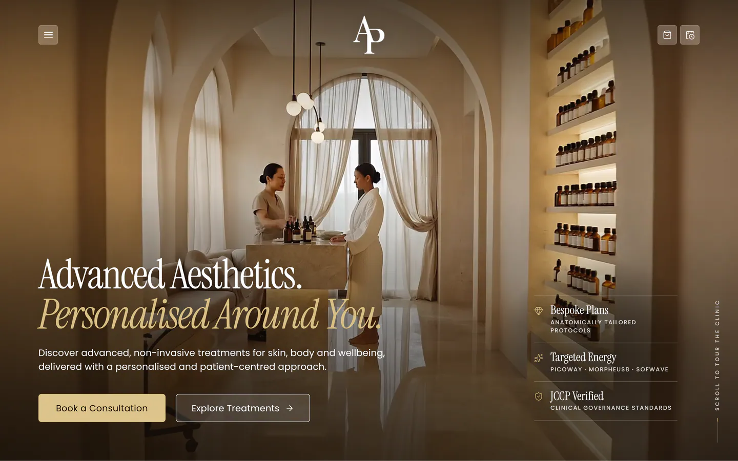 Allure Passions homepage opening on a film of the clinic, with the headline Advanced Aesthetics, Personalised Around You, two buttons and three credential marks