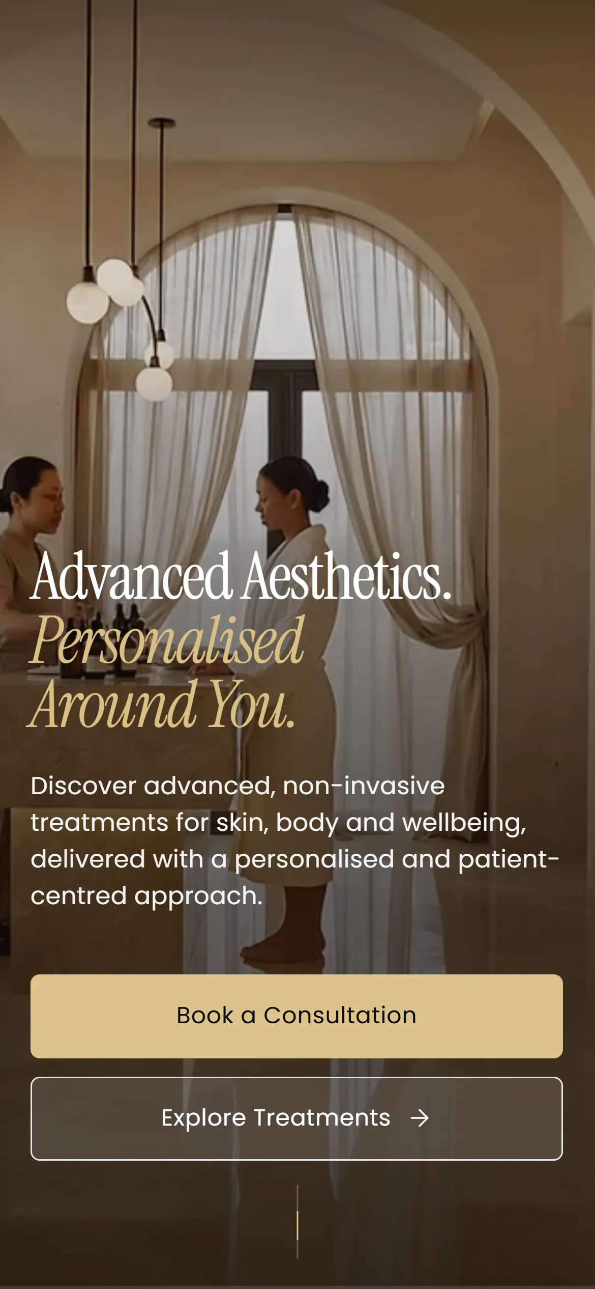 Allure Passions homepage on a phone, opening on the clinic film with the headline and the consultation button
