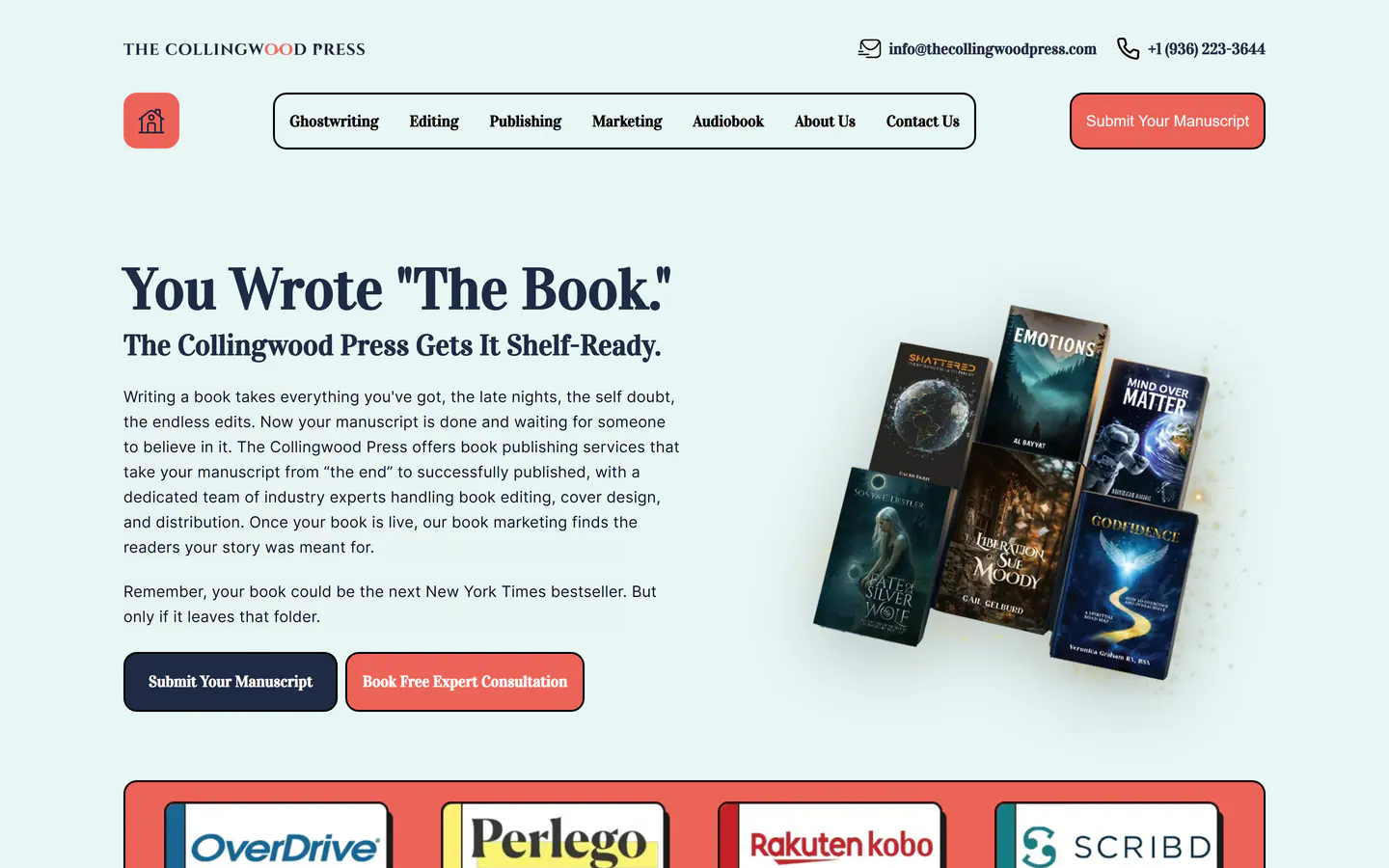 Collingwood Press homepage with the headline You Wrote The Book, a short pitch to authors, buttons to submit a manuscript or book a consultation, and a stack of published books