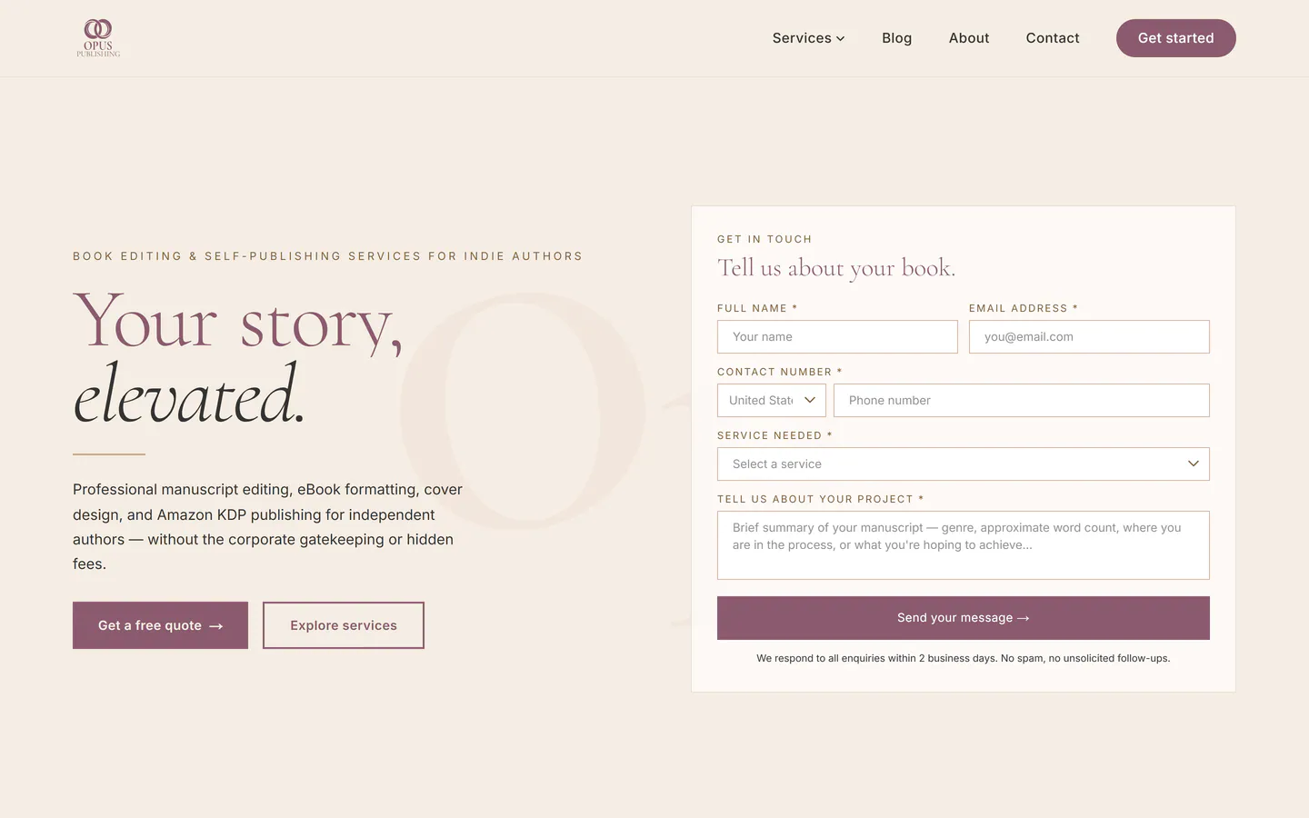 Opus Publishing homepage with the serif headline Your story, elevated, two buttons, and the full quote form beside it on the first screen