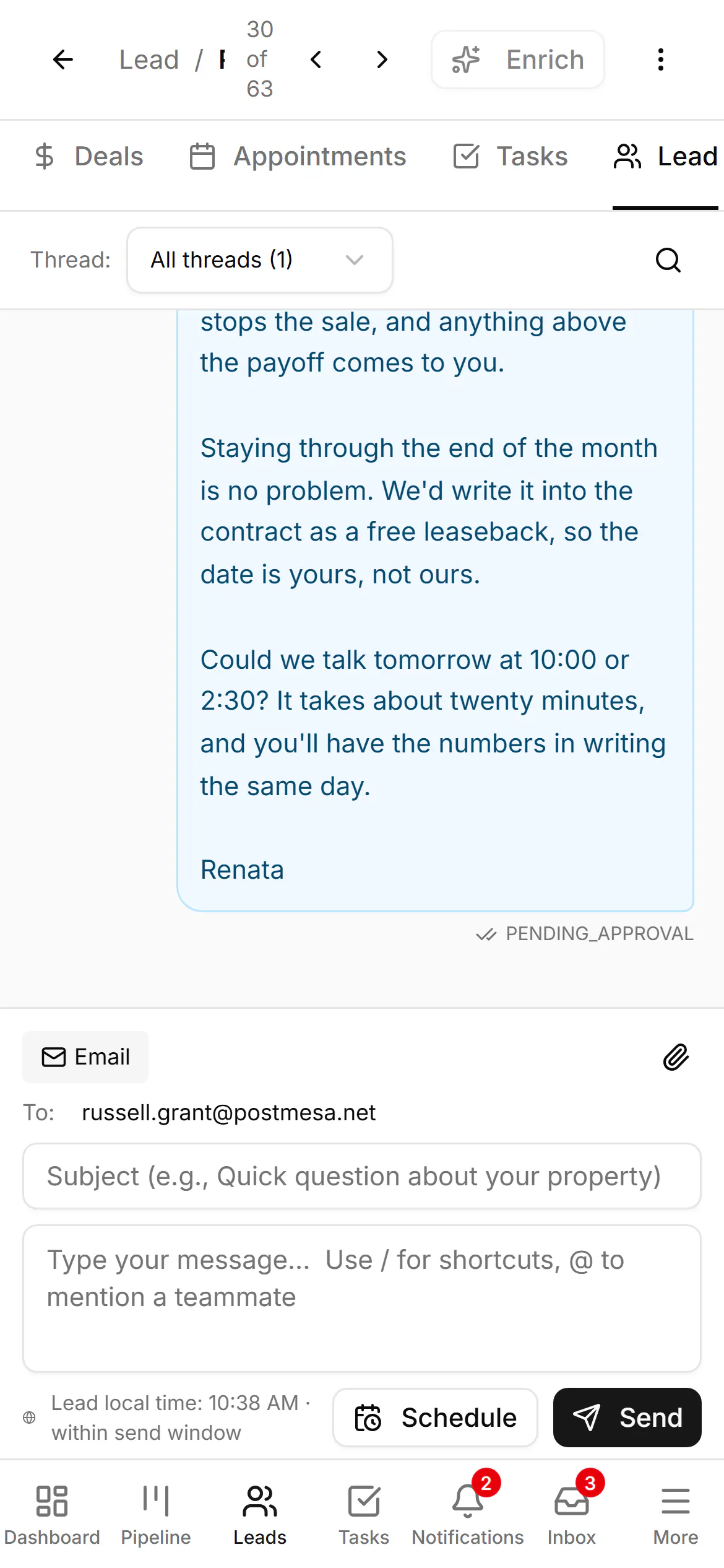Lead record on a phone, open on the homeowner’s reply about selling before the trustee sale, with a composer and the bottom tab bar