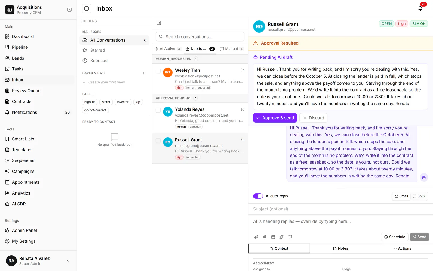 AI inbox open on the Needs Attention tab: a homeowner asks to sell before the trustee sale and stay to the end of the month, and a drafted reply offering a leaseback and two call times waits for approval